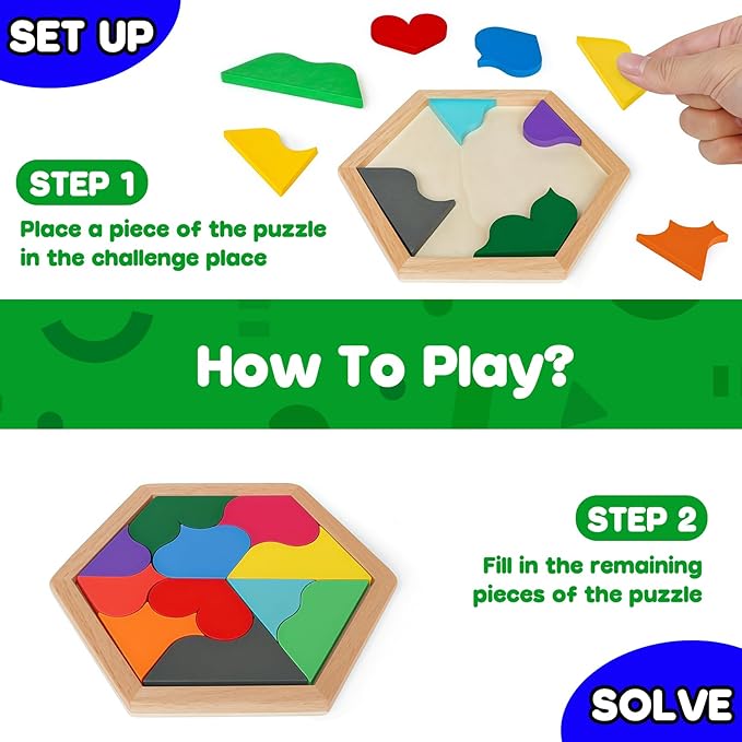 Skrtuan 5 Pack Wooden Puzzles Set - STEM Montessori Educational Board Games and Logic Traning Brain Teaser Geometric Shapes Tangram Puzzle Games for Kids Ages 3+