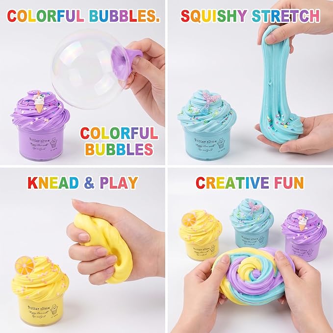 9 Pack Slime Kit - with 3 Jelly Cube Crunchy Slime and 6 Butter Slime, Non-Sticky, Mess-Free, Stress Relief Clear Slime - Toys for Girls and Boys - Party Favor, Stress Relief Toy, Classroom Reward
