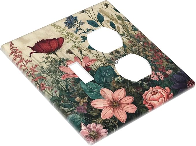 Decorative Outlet Covers Rustic Wildflower Red Floral Green Plant 2 Gang Wall Plate Cover Single Toggle Duplex Combo Two Switch Light Switch Cover Plate Jumbo Dual Face Plate