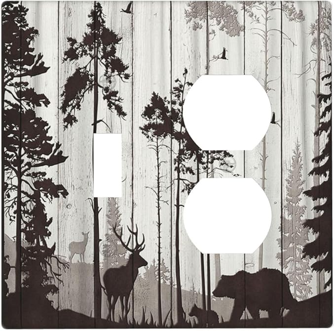 Decorative Outlet Covers Rustic Deer Hunting Forest Grey Wood Plank 2 Gang Wall Plate Single Toggle Duplex Light Switch Cover Switch Plate Covers Faceplate for Farmhouse Home Decor