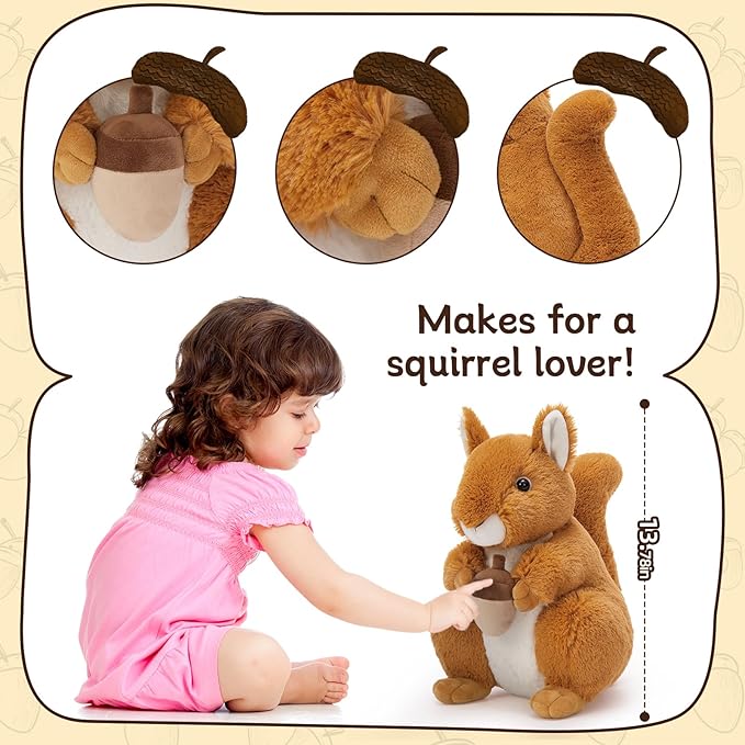 BENINY 14“ Realistic Squrrile Stuffed Animal, Cute Squirrel Plush Toy with Holding Mini Acorn, Plushie Gift for Kids