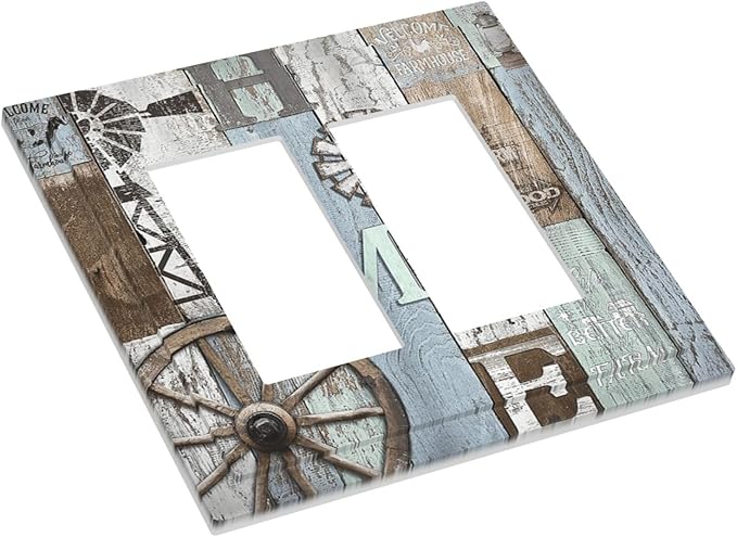 Rustic Western Barn Door Vintage Windmill Decorative Outlet Covers 2 Gang Double GFCI Rocker Electrical Wall Panels Light Switch Cover Plate for Farmhouse Home Decor