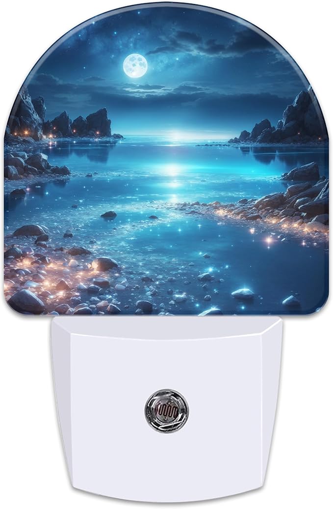 Full Moon and Sparkling Lake Night Light for Kids,Magical Beach at Night Plug in Night Light with Dusk to Dawn Sensor, 0.5w Energy Saving Nightlight for Hallway Stairway Kitchen Bedroom