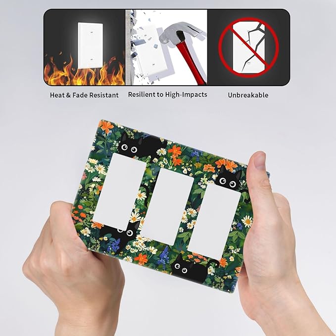 Black Boho Green Leaves Floral Triple Decorator Light Switch Cover 3 Gang GFCI/Rocker Wallplate Decorative Electrical Faceplate Switchplate Dimmer Screwless