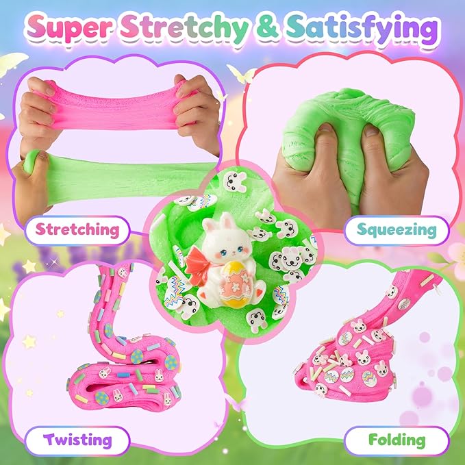 2 Pack Bunny Cloud Slime Kit for Girls Boys - Scented Fluffy Cloud Slime with Cute Bunny Charms - Non-Sticky Sensory Fidget Toys for Stress Relief & ASMR - DIY Slime Gift for Kids