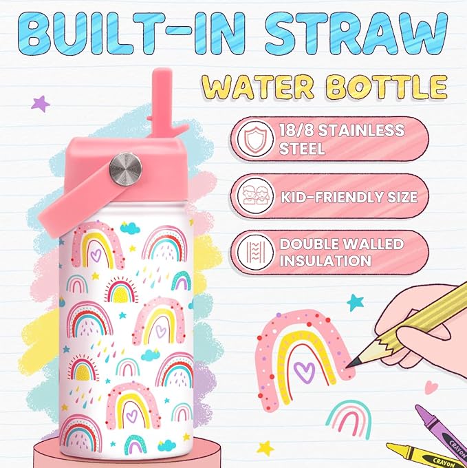 Rainbow Kids Water Bottle With Straw Lid 12oz Insulated Stainless Steel, Travel Tumbler, Gifts For Girls, Birthday, Christmas, Back To School
