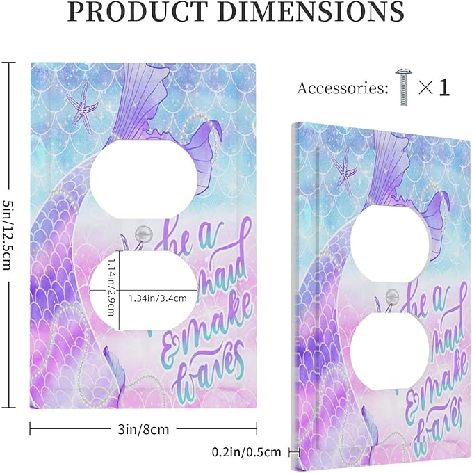 Cute Kids Girl Purple Pink Blue Fish Mermaid Scales Tail Quotes Undersea Ocean 1 Gang Duplex Wall Plate Electrical Receptacle Outlet Cover Decorative Dual Device Mid Size Light Switch Plug Face Plate