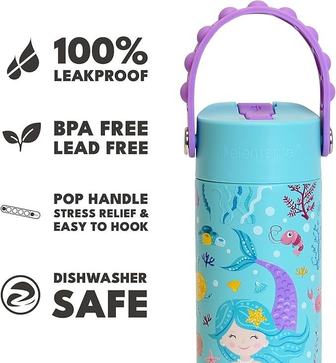 Elemental Insulated Kids Water Bottle, Stainless Steel Water Bottle with Straw Lid & Pop-It Handle, Leak-Proof Water Bottles for School, Boys or Girls, Travelling and Sports, 18oz - Mermaid