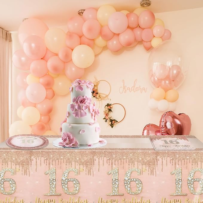 41Pcs 16th Birthday Party Decorations for Girls, Rose Gold Birthday Supplies Include 20 Plates 20 Napkins and 1 Pcs Tablecloth, Sweet Sixteen Year Old Birthday Party Tableware for Girls Kids Children