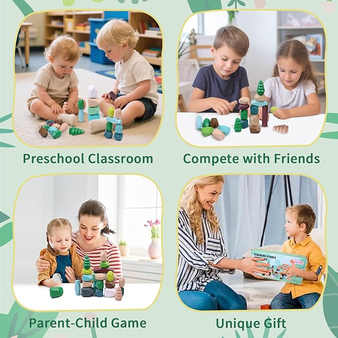 YHHYTOY 40 PCS Wooden Stacking Rocks Building Blocks Forest Theme, Sensory Learning Montessori Toys for 3 4 5 Year Old Kids, Preschool Educational STEM Toys Toddler Games Birthday Gifts for Girls Boys