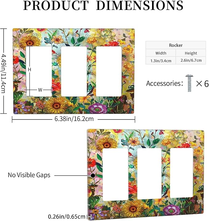 Fall Colorful Sunflower Floral 3 Gang Wall Plate Triple Rocker Light Switch Cover Decorative Switch Plates Outlet Covers Electrical GFCI Faceplate for Bedroom Bathroom Kitchen Art Decor Accessories