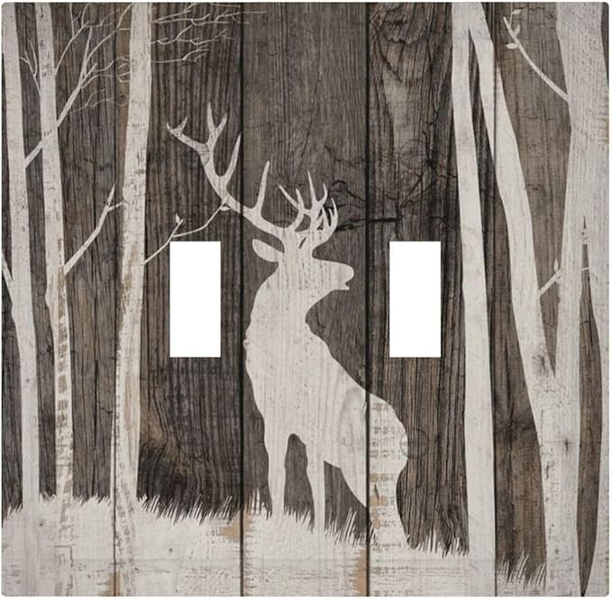 Vintage Wood Forest Deer Wildlife Animal Silhouette Decorative Switch Plates 2 Gang Double Toggle Outlet Light Switch Cover Wall Plate Electrical Faceplate for Farmhouse Home Decor