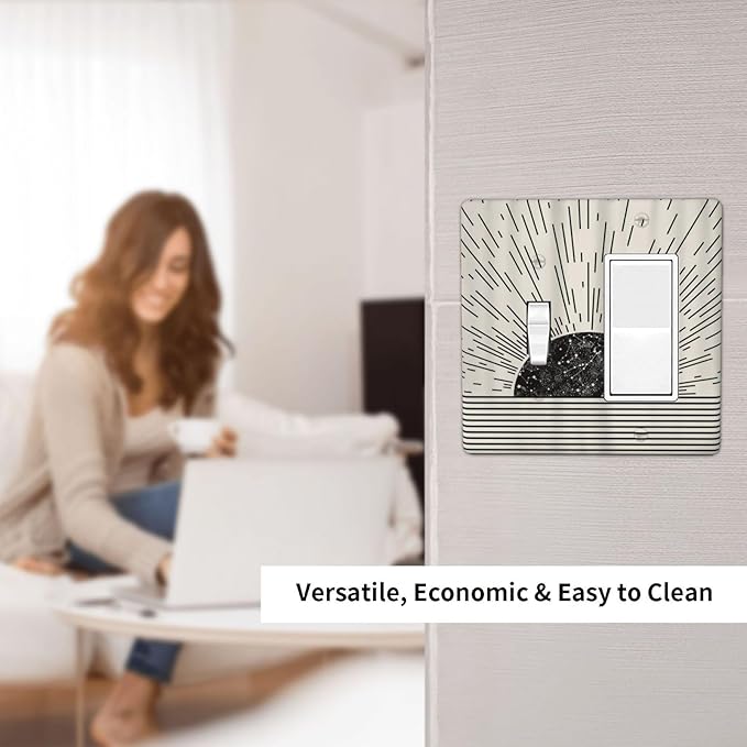 Mid Century Boho Sun Abstract Black Sunrise Horizon 2 Gang Single Toggle Rocker Combination Light Switch Covers Wall Plate Cover Electrical Faceplate Decorative Switchplate for Bedroom Decor