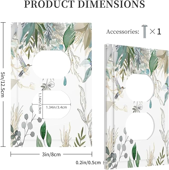 Green Tropical Palm Leaves Flower Plants Hummingbird Outlet Covers 1 Gang Duplex Light Switch Cover Decorative Switch Plates Electrical Receptacle Faceplate Wall Plate for Bed Room Living Room Decor