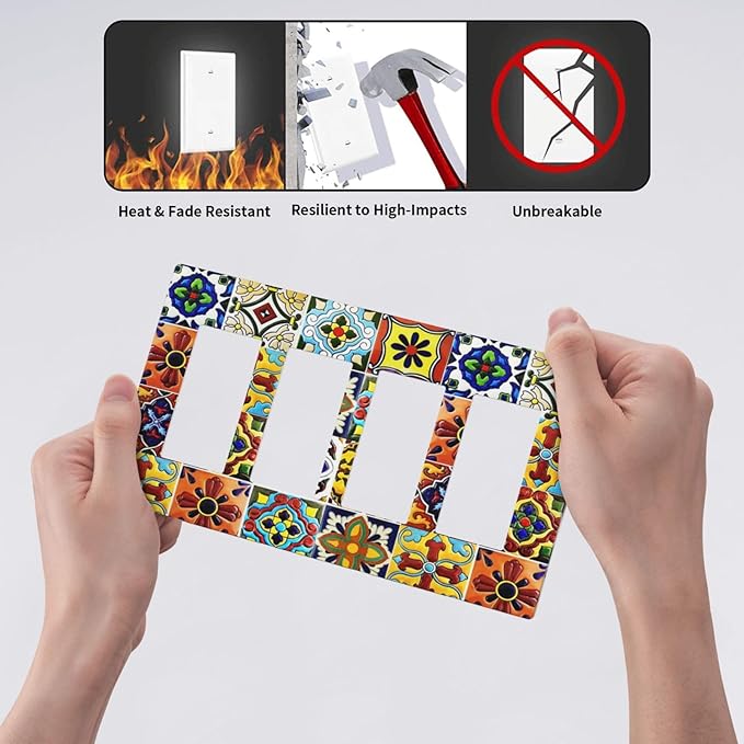 Boho Mexican Moroccan Tile 4 Gang Quad Rocker/GFCI/Decorator Light Switch Cover Plate Decorative Electric Faceplate Decorative Switchplate Screwless