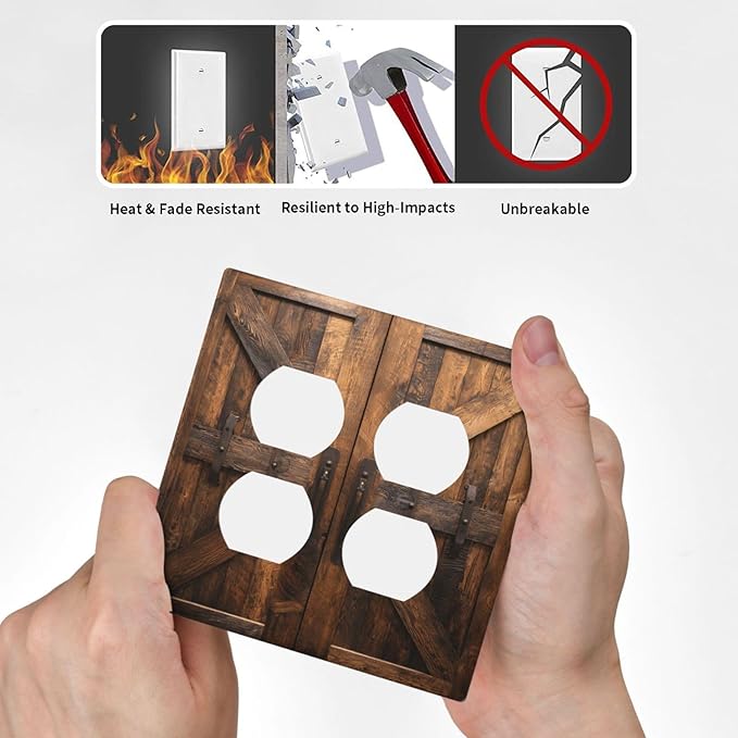 Decorative Outlet Covers Retro Brown Wood Barndoor 2 Gang Light Switch Cover Plate Double Duplex Wall Plates for Electrical Outlets Switch Plate Covers for Farmhouse Home Decor