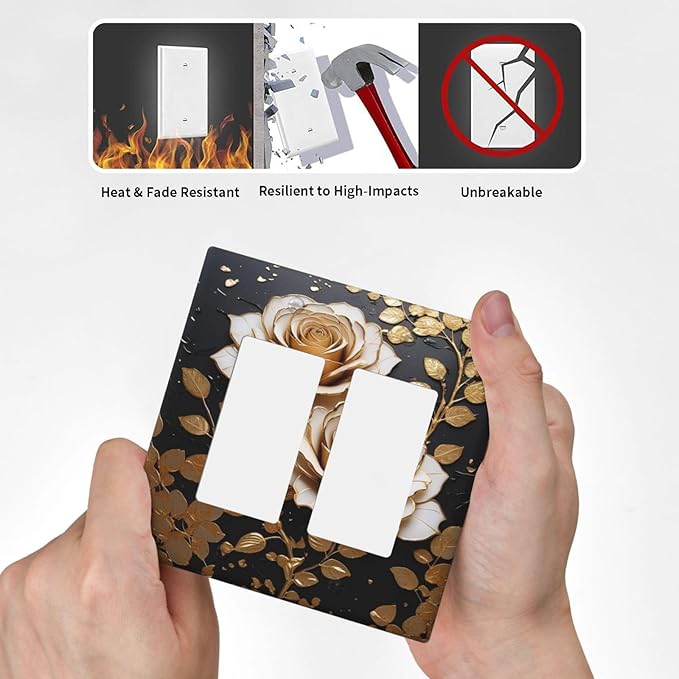 Decorative Outlet Covers Big Golden White Roses Glod Leaves Black Background 2 Gang Wall Plate Double Rocker Switch Light Switch Plate Covers Jumbo Dual Electrical GFCI Switch Cover