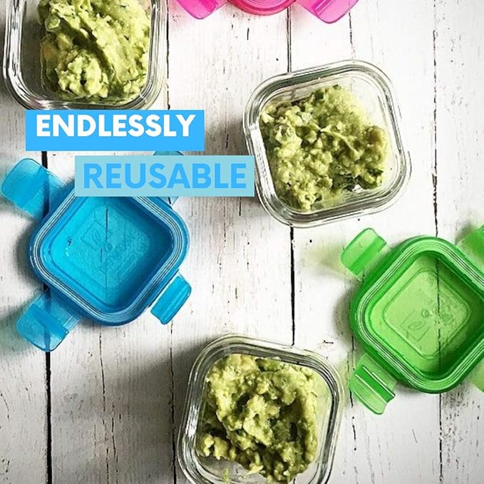Wean Cube Glass Food Storage Garden Pack - Pack of Four (4), 4 oz Square containers Blue, Orange, Green, Purple