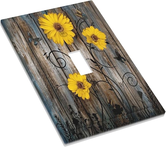 Rustic Barn Sunflower Wooden Daisy Flower Plank Decorative Light Switch Cover 1 Gang Single Toggle Device Electrical Faceplate Switchplates Decorator Outlet Wall Plate for Farmhouse Home Decor
