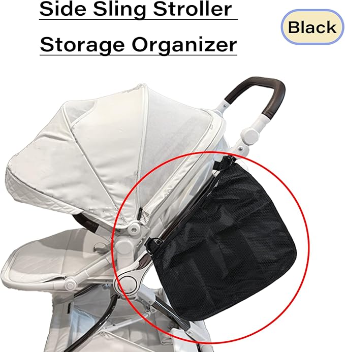 LiXiongBao 2 Pcs Side Sling Stroller Cargo Net,Universal Stroller Organizer Attachment Bag for Storage,Non-Slip and Adjustable Straps Portable Side Sling Storage Mesh Organizer(Black)