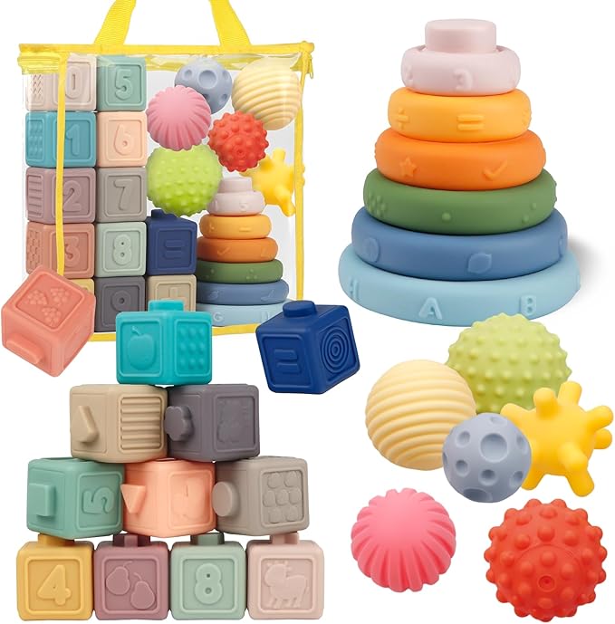 Montessori Baby Toys - Soft Baby Blocks, Stacking Rings & Sensory Balls, 24Pcs 3-in-1 Teething Toys Set for Babies 6-12 Months, Building Blocks Easter Birthday for Boys Girls
