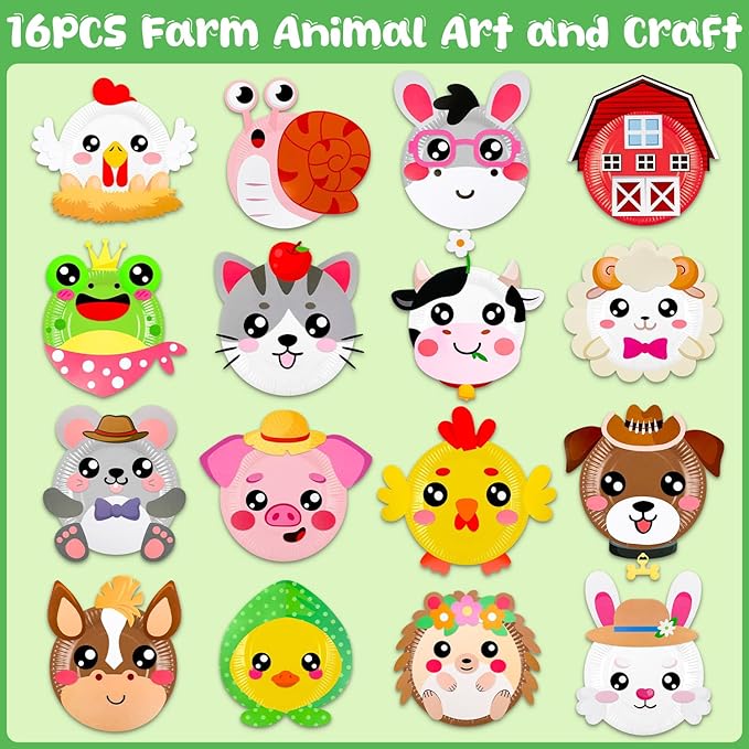 MDCGFOD 16 Pack Arts and Crafts for Kids, Toddler Crafts Animal Paper Plate Art Kit Gift for 3 4 5 6 Year Old Boys Girls DIY Kids for Birthday Party Favor Preschool Classroom Party Games (Farm)