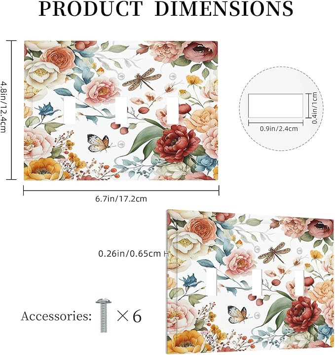Rustic Style Colorful Peony Butterfly Dragonfly Decorative Switch Plates 3 Gang Wall Plate Faceplate Electrical Wall Panels Triple Toggle Light Switch Cover for Bedroom Living Room Decor