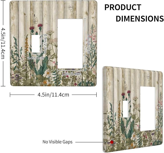 Vintage Wild Flowers Botanical Green Leaves Plants 2 Gang Single Toggle Rocker Combination Light Switch Cover Rustic Wood Plank Decorative Wall Plate Cover Electrical Faceplate Switchplate