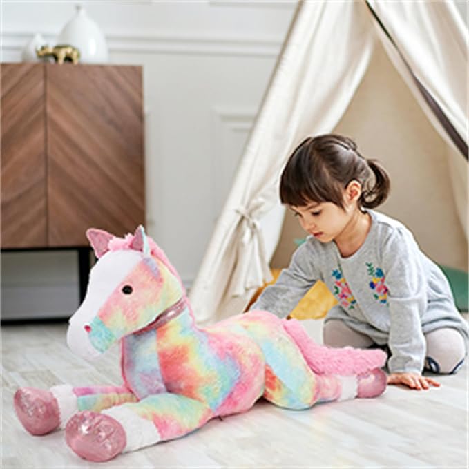 Tezituor 3ft Large Stuffed Horse Animal, Pink Large Stuffed Horse Plush 35 inch Soft Rainbow Pony Plush Body Pillow Toys for Boys Girls Birthday Praty Gift