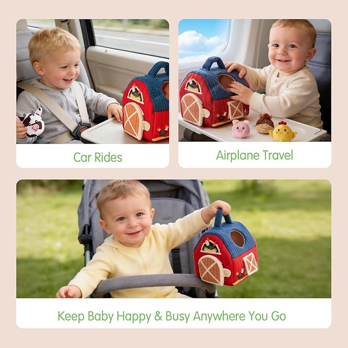 hahaland Baby Toys 6-12 Months - Surprise Barn Stuffed Farm Animals, Rattle, Crinkle, Mirror, Montessori Toys for 6 Month Old Sensory Balls 1-3, Baby Boy Gifts, Farm Plush Toys for Babies Travel Toy