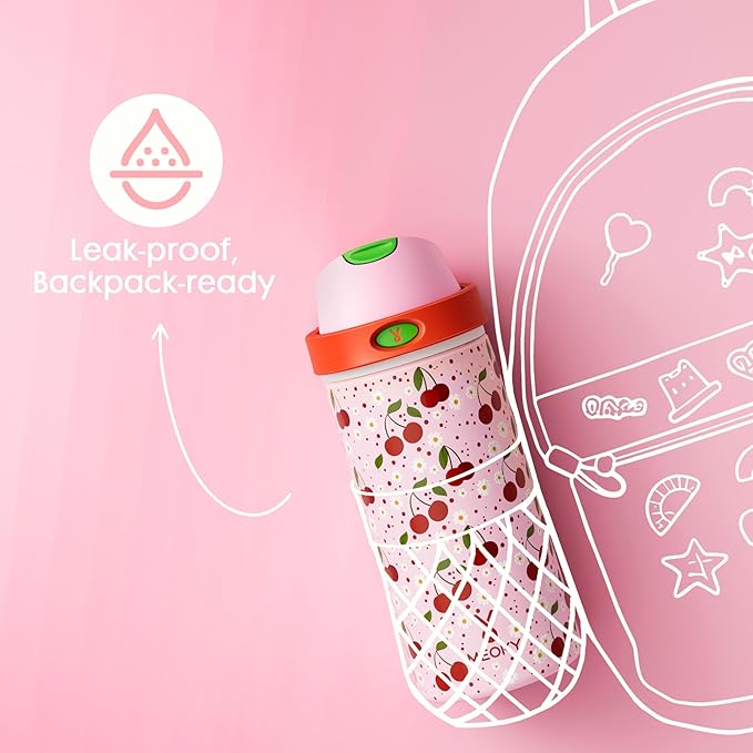 18 oz Insulated Water Bottle for Kids: Meoky Stainless Steel Water Bottle with 2-in-1 Straw and Spout Lid - Leak Proof, Cold for 24 Hours, BPA-Free for Girls School Sports, Sweet Cherry
