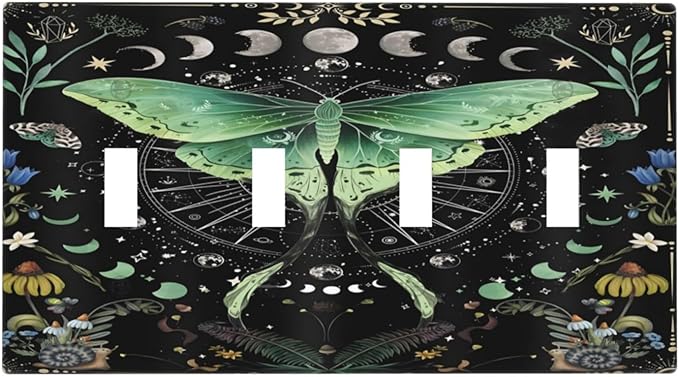 Moon Phase Butterfly Wildflower Plant Mysterious Night Moonlit Light Switch Covers Quad Toggle Electrical Faceplate 4 Gang Wall Plate Decorative Switch Plates for Bedroom Living Room Decor