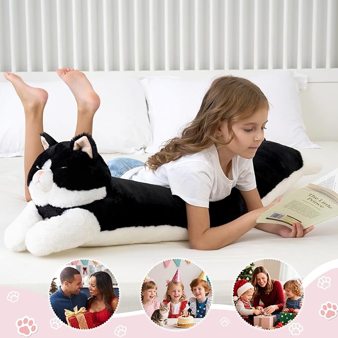 48inch Giant Cat Stuffed Animal Pillow, Cute Big Jumbo Black Cat Body Pillow Plush Toy, Large Cat Soft Fluffy Kitty Plushies Gift for Kids Boys Girls & Adult, Birthday