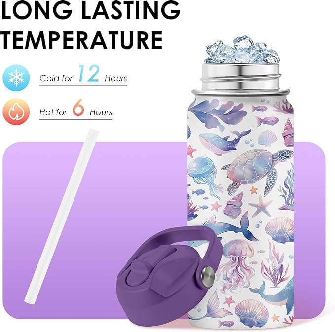 Ocean Gifts for Kids - 16 Oz Purple Water Bottle with Straw Lid, Stainless Steel Insulated Tumbler, Leak Proof, BPA-Free, for Girls & Boys, School, Beach - Marine Life Lovers Birthday Gifts (1pc)