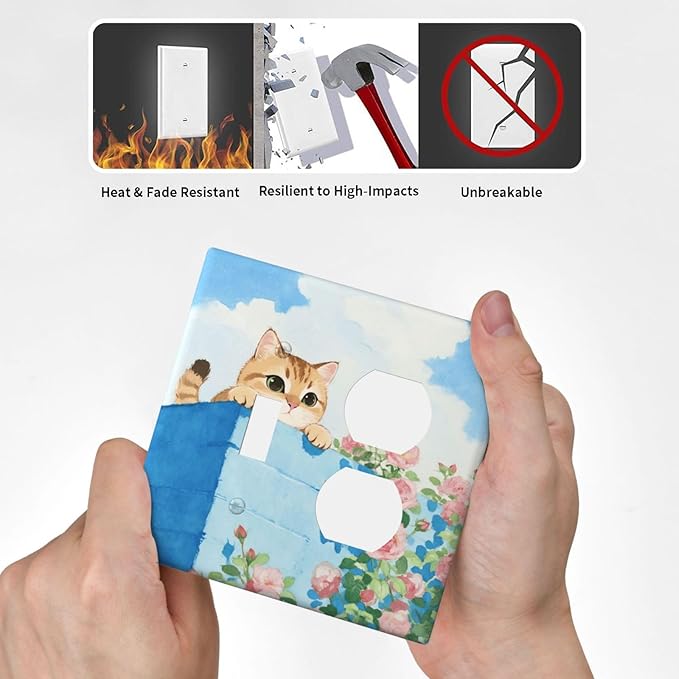 Cat Flower Single Toggle Duplex Combo Outlet Wall Plate Decorative 2 Gang Light Switch Covers Electrical Switchplate Home Decorate Faceplat for Bathroom Bedroom Kitchen Room 4.5 x 4.5 Inch