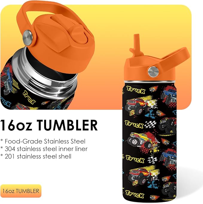 Truck Gifts for Kids - 16 Oz Kids Water Bottle with Straw Lid, Stainless Steel Insulated Tumbler, Leak Proof, BPA-Free, for Girls, School, Travel - Truck Lovers Children Birthday Gifts Cups(1pc)