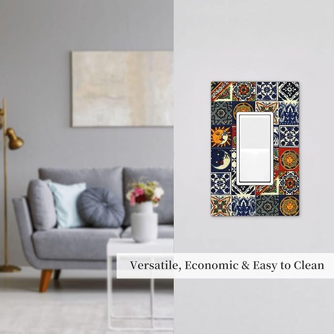 Retro Kitchen Boho Sun Moon Mexican Talavera Tile 1-Gang Decorator Rocker Outlet Light Switch Cover Moroccan Mosaic Tiles Decorative Single Device GFCI Receptacle Switch Wall Plate Dimmer Mid Size