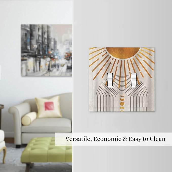 Mid Century Gold Sun Abstract Arch Boho Moon Double Toggle Light Switch Covers Decorative Unique 2 Gang Wall Plate Dual Electrical Faceplate Switchplate for Kitchen Bedroom Living Room Decor