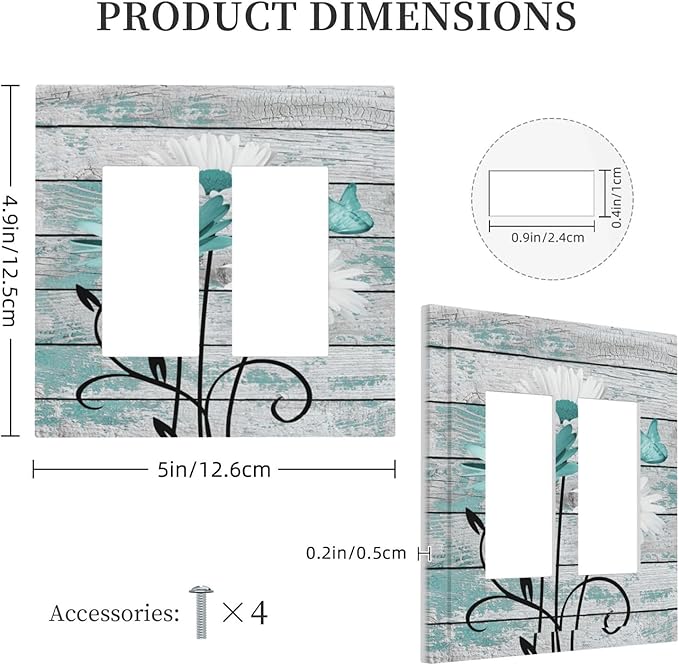 Teal White Daisy Flower Butterfly On Rustic Wood Board Decorative Outlet Covers 2 Gang Double GFCI Rocker Electrical Wall Panels Light Switch Cover Plate for Farmhouse Bedroom Decor