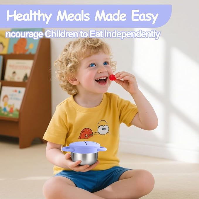 Mity rain Stainless Steel Snack Containers for Toddlers with Spill-Proof Silicone Lids Handles - 3-in-1 Baby Snack Cups, No-Spill Toddler Snack Box (Blue+Purple, Two piece set)