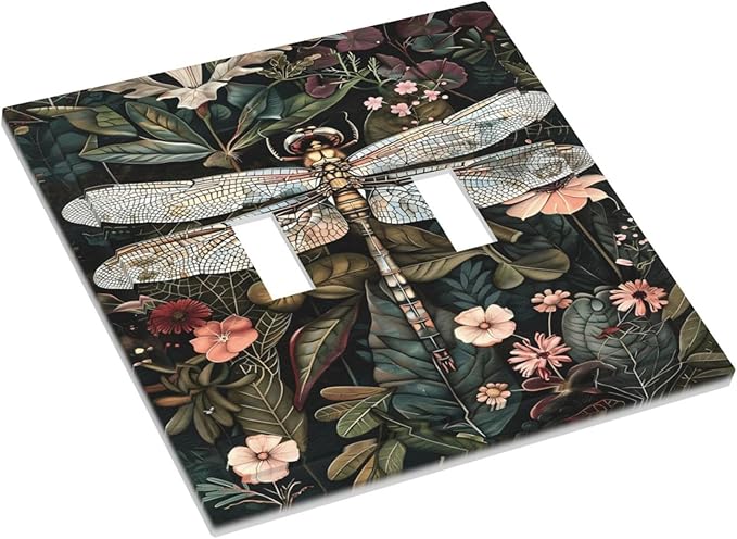 Vintage Dark Green Dragonfly Flowers Floral Botanical Decorative Switch Plates 2 Gang Double Toggle Outlet Light Switch Cover Wall Plate Electrical Faceplate for Farmhouse Home Decor