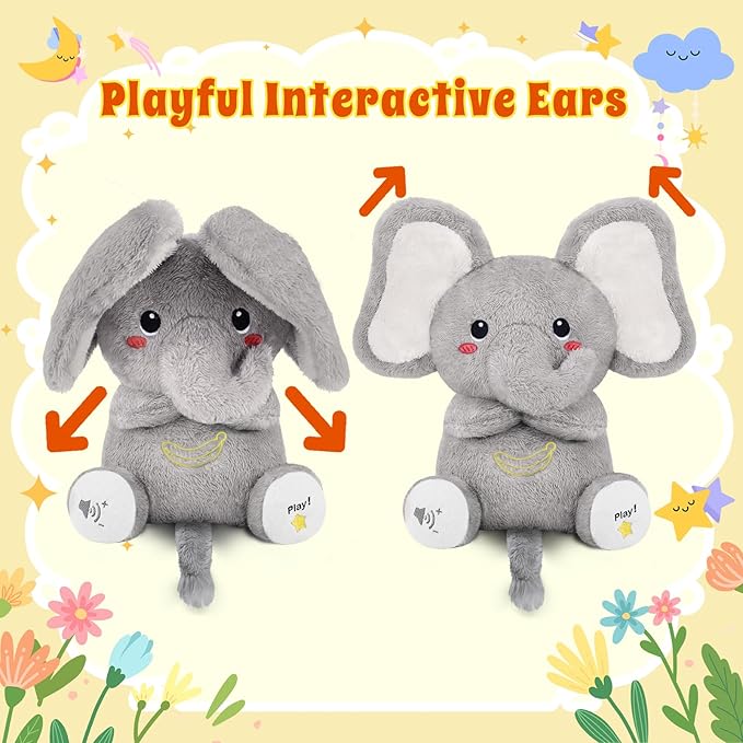 BRICHOEE Breathing Stuffed Animal, Soothing Elephant Stuffed Animal with Moving Ears, Breathing Motion, Calming Sound and Light for Baby Sleep Companion Portable Plush Gifts for Kids Adults Newborns