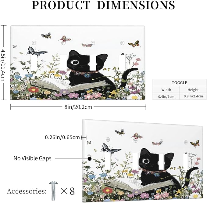 Light Switch Covers Cute Cat Wildflowers Boho Flowers Floral Quad Toggle Electrical Faceplate 4 Gang Wall Plate Decorative Switch Plates For Nursery Kids Room Decor
