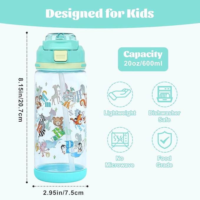 decalsweet Kids Water Bottle 20oz Durable Leak-Proof Plastic Water Cup for Kids Toddlers,With Straw Handle and Pop-Up Spout Cover,Safe for School Sports Daycare Travel & Camp