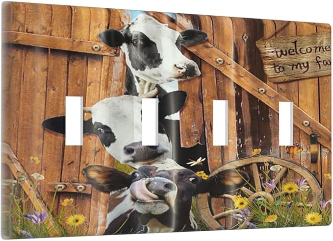Decorative Switch Plate Covers Farm Cow Farmhouse Barn Door Rustic Vintage Wooden 4 Gang Device Light Switch Cover Country Wildlife Funny Quad Toggle Wall Plate Electrical Faceplate