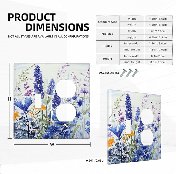Light Switch Cover Plate Lavender Watercolor Wildflowers Colorful floral 2 Gang Decorative Switch Plates 1 Toggle Duplex Combo Outlet Covers GFCI Wall Plates for Bathroom Bedroom Decor