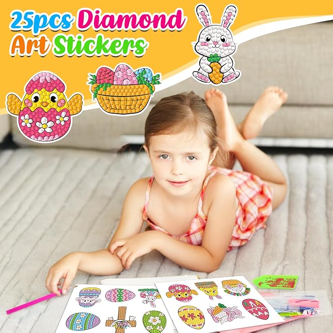 Labeol Diamond Art Kits for Kids Boys and Girls Ages 6-8-10-12 Easy to DIY Creative Diamond Art Sticker Craft by Numbers Kits for Kids and Adult Beginners (Cute Easter)