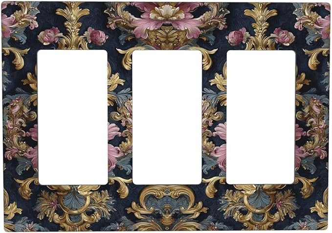 Decorative Outlet Covers Rococo Pink Floral Flower Gold Leaf 3 Gang Light Switch Cover Plate Triple Rocker Wall Plates for Electrical Outlets Switch Plate Covers for Bedroom Home Decor