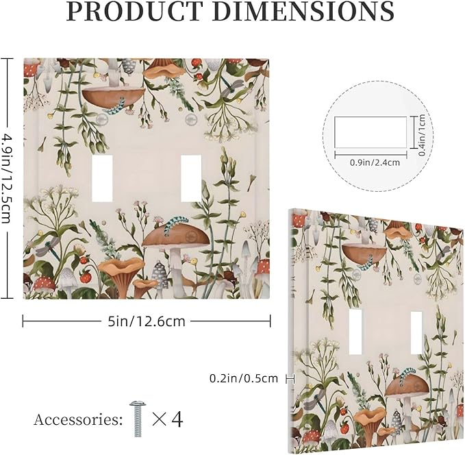 Boho Mushroom Forest Plants Wildflowers Insects Decorative Switch Plates 2 Gang Double Toggle Outlet Light Switch Cover Wall Plate Electrical Faceplate for Kids Room Home Decor