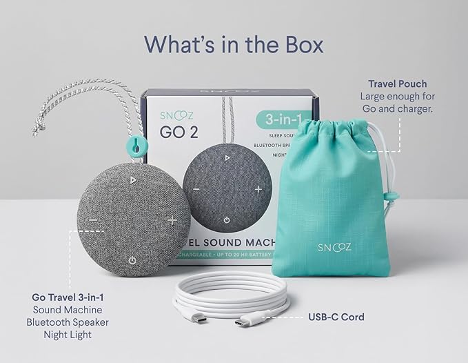 SNOOZ Go 2 Travel White Noise Sound Machine - 12 Sounds, Rechargeable Bluetooth Speaker, Nightlight - Portable Sound Machine for Hotels, Sleep, Adults, Baby Registry, Kids, White Noise for Sleeping